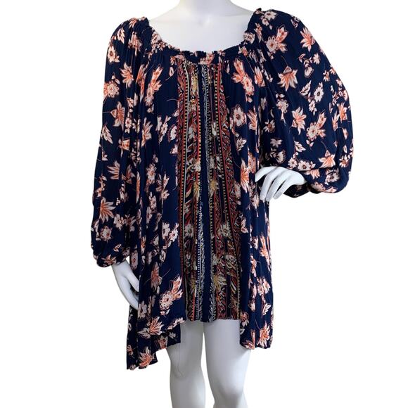 Angie Womens Boho Tunic Size 3X Navy Blue Floral Off Shoulder Rayon Mini Dress - Picture 1 of 7